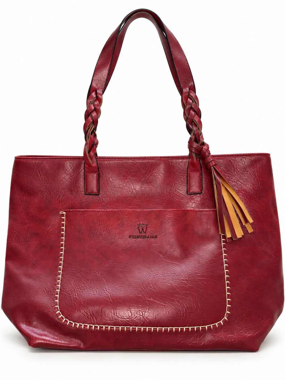 Weimeibaige Burgundy Faux Leather Tote Braided Handles Tassel Boho Shoulder Bag